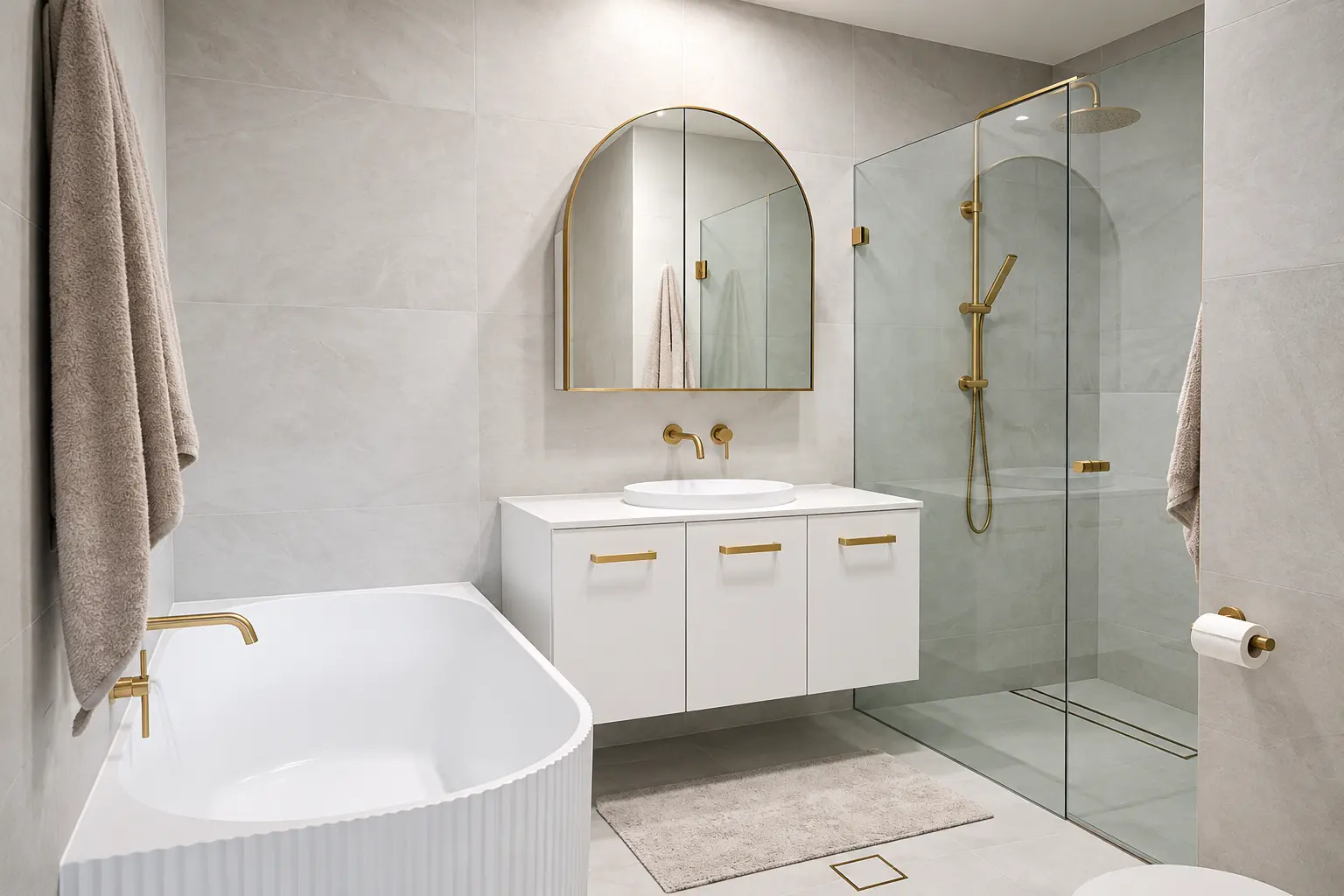 Refined bathroom with fluted bath, arched mirrored cabinet and brushed gold fittings